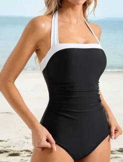 New Women's Swimwear One Piece Monokini Swimsuit Backless Tummy Control Slim Vacation Beach Wear Solid Color Color Block Halter Neck Sleeveless Bathing Suits Women One-Pieces
