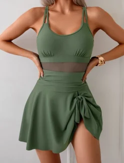 Outlet Women's Swimwear One Piece Monokini Swim Dress Swimsuit Mesh Backless Tummy Control High Waist Slim Vacation Beach Wear Solid Color U Neck Sleeveless Bathing Suits Women One-Pieces