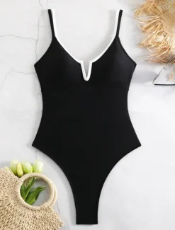 Online Women's Swimwear One Piece Monokini Swimsuit Backless Tummy Control High Waist Slim Vacation Beach Wear Solid Color V Neck Sleeveless Bathing Suits Women One-Pieces
