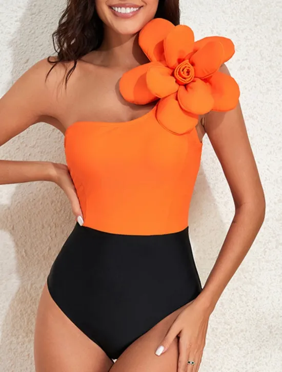 Online Women's Swimwear One Piece Monokini Swimsuit Backless Tummy Control High Waist Slim 3D Floral Vacation Beach Wear Color Block Asymmetric Neck Sleeveless Bathing Suits Women One-Pieces