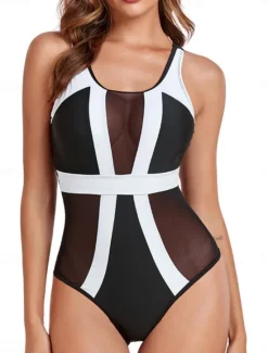 Discount Women's Swimwear One Piece Monokini Swimsuit Mesh Backless Tummy Control High Waist Slim Vacation Beach Wear Color Block U Neck Sleeveless Bathing Suits Women One-Pieces