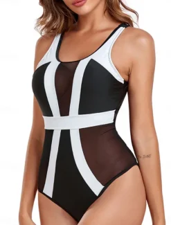 Discount Women's Swimwear One Piece Monokini Swimsuit Mesh Backless Tummy Control High Waist Slim Vacation Beach Wear Color Block U Neck Sleeveless Bathing Suits Women One-Pieces