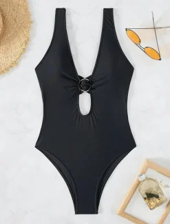 Online Women's Swimwear One Piece Monokini Swimsuit Backless Tummy Control High Waist Slim Vacation Beach Wear Solid Color V Neck Sleeveless Bathing Suits Women One-Pieces