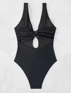 Online Women's Swimwear One Piece Monokini Swimsuit Backless Tummy Control High Waist Slim Vacation Beach Wear Solid Color V Neck Sleeveless Bathing Suits Women One-Pieces