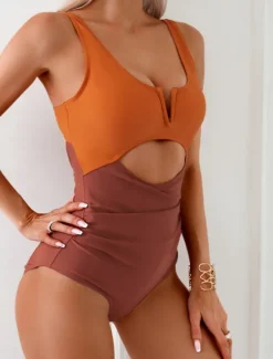 Outlet Women's Swimwear One Piece Monokini Swimsuit Backless Tummy Control High Waist Slim Vacation Beach Wear Color Block V Neck Sleeveless Bathing Suits Women One-Pieces