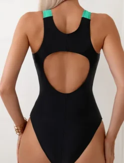 Best Women's Swimwear One Piece Monokini Swimsuit Backless Tummy Control High Waist Slim Vacation Beach Wear Color Block U Neck Sleeveless Bathing Suits Women One-Pieces