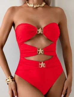 Clearance Women's Swimwear One Piece Monokini Swimsuit Backless Tummy Control High Waist Vacation Beach Wear Solid Color Strapless Sleeveless Bathing Suits Women One-Pieces