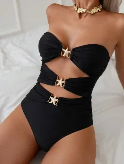 Clearance Women's Swimwear One Piece Monokini Swimsuit Backless Tummy Control High Waist Vacation Beach Wear Solid Color Strapless Sleeveless Bathing Suits Women One-Pieces