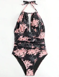 Outlet Women's Swimwear One Piece Swimsuit Backless Tummy Control High Waist Slim Vacation Beach Wear Graphic Halter Neck Sleeveless Bathing Suits Women Bikinis