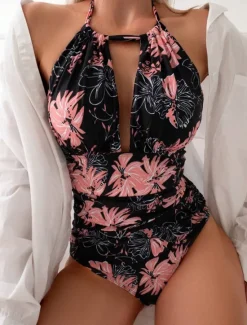 Outlet Women's Swimwear One Piece Swimsuit Backless Tummy Control High Waist Slim Vacation Beach Wear Graphic Halter Neck Sleeveless Bathing Suits Women Bikinis