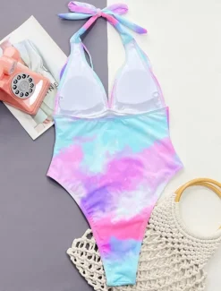 Outlet Women's Swimwear One Piece Monokini Swimsuit Backless Tummy Control High Waist Slim Vacation Beach Wear Tie Dye Halter Neck Sleeveless Bathing Suits Women One-Pieces|Colorful Swimwear