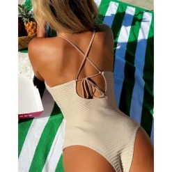 Women's Swimwear One Piece Monokini Swimsuit Backless Tummy Control High Waist Slim Vacation Beach Wear Solid Color V Neck Sleeveless Bathing Suits Women One-Pieces