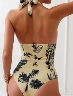 Hot Women's Swimwear One Piece Swimsuit Backless Patchwork Elegant Tropical Floral Graphic Halter Neck Sleeveless Bathing Suits Women One-Pieces