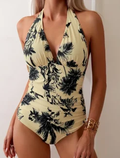 Hot Women's Swimwear One Piece Swimsuit Backless Patchwork Elegant Tropical Floral Graphic Halter Neck Sleeveless Bathing Suits Women One-Pieces