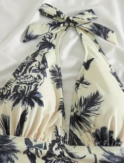 Hot Women's Swimwear One Piece Swimsuit Backless Patchwork Elegant Tropical Floral Graphic Halter Neck Sleeveless Bathing Suits Women One-Pieces