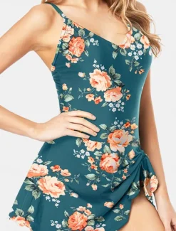 New Women's Swimwear One Piece Monokini Swim Dress Swimsuit Backless Tummy Control High Waist Slim Vacation Beach Wear Floral Halter Neck Sleeveless Bathing Suits Women Swimdresses