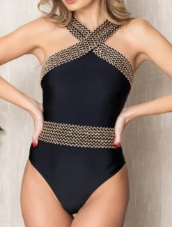 Clearance Women's Swimwear One Piece Monokini Swimsuit Backless Patchwork Tummy Control High Waist Slim Vacation Beach Wear Solid Color V Neck Sleeveless Bathing Suits Women One-Pieces