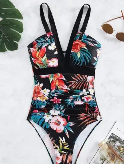 Sale Women's Swimwear One Piece Swimsuit Backless Tummy Control High Waist Slim Vacation Beach Wear Graphic V Neck Sleeveless Bathing Suits Women One-Pieces