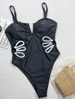 Hot Women's Swimwear One Piece Monokini Swimsuit Backless Tummy Control High Waist Cut Out Slim Vacation Beach Wear Solid Color V Neck Sleeveless Bathing Suits Women One-Pieces