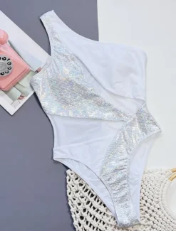Hot Women's Swimwear One Piece Monokini Swimsuit Backless Glitter Tummy Control High Waist Slim Vacation Beach Wear Solid Color Halter Neck Sleeveless Bathing Suits Women One-Pieces