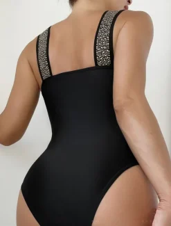 New Women's Swimwear One Piece Monokini Swimsuit Backless Tummy Control High Waist Slim Vacation Beach Wear Solid Color V Neck Sleeveless Bathing Suits Women One-Pieces