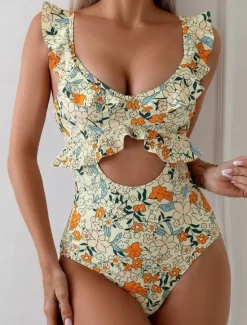 Clearance Women's Swimwear One Piece Monokini Swimsuit Ruffle Backless Tummy Control High Waist Slim Vacation Beach Wear Floral V Neck Sleeveless Bathing Suits Women One-Pieces