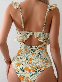Clearance Women's Swimwear One Piece Monokini Swimsuit Ruffle Backless Tummy Control High Waist Slim Vacation Beach Wear Floral V Neck Sleeveless Bathing Suits Women One-Pieces