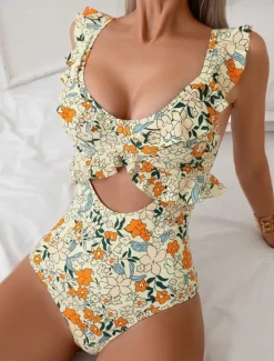 Clearance Women's Swimwear One Piece Monokini Swimsuit Ruffle Backless Tummy Control High Waist Slim Vacation Beach Wear Floral V Neck Sleeveless Bathing Suits Women One-Pieces
