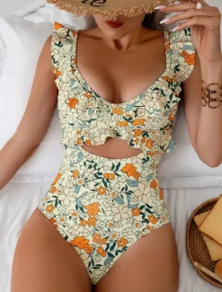 Clearance Women's Swimwear One Piece Monokini Swimsuit Ruffle Backless Tummy Control High Waist Slim Vacation Beach Wear Floral V Neck Sleeveless Bathing Suits Women One-Pieces