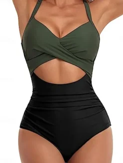 Clearance Women's Swimwear One Piece Monokini Swimsuit Backless Tummy Control High Waist Slim Vacation Beach Wear Solid Color Halter Neck Sleeveless Bathing Suits Women One-Pieces