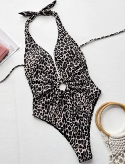 Women's Swimwear One Piece Monokini Swimsuit Backless Tummy Control High Waist Slim Vacation Beach Wear Halter Neck Sleeveless Bathing Suits Women One-Pieces|Leopard Swimwear