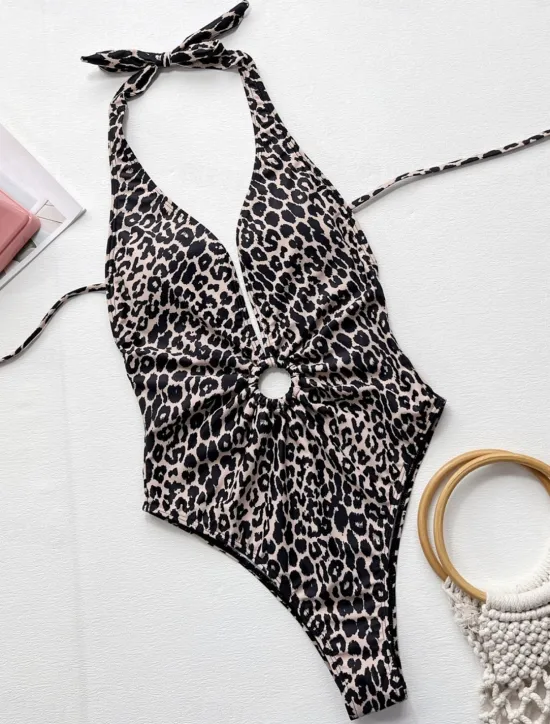 Women's Swimwear One Piece Monokini Swimsuit Backless Tummy Control High Waist Slim Vacation Beach Wear Halter Neck Sleeveless Bathing Suits Women One-Pieces|Leopard Swimwear