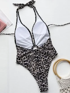 Women's Swimwear One Piece Monokini Swimsuit Backless Tummy Control High Waist Slim Vacation Beach Wear Halter Neck Sleeveless Bathing Suits Women One-Pieces|Leopard Swimwear