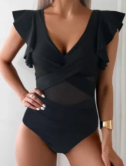Hot Women's Swimwear One Piece Monokini Swimsuit Ruffle Backless Tummy Control High Waist Slim Vacation Beach Wear Solid Color V Neck Sleeveless Bathing Suits Women One-Pieces