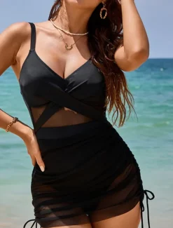 New Women's Swimwear One Piece Monokini Swimsuit Tummy Control High Waist Slim Mesh Backless Vacation Beach Wear Solid Color V Neck Sleeveless Bathing Suits Women One-Pieces