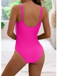 New Women's Swimwear One Piece Monokini Swimsuit Backless Tummy Control High Waist Vacation Beach Wear Solid Color V Neck Sleeveless Bathing Suits Women One-Pieces