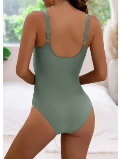 New Women's Swimwear One Piece Monokini Swimsuit Backless Tummy Control High Waist Vacation Beach Wear Solid Color V Neck Sleeveless Bathing Suits Women One-Pieces
