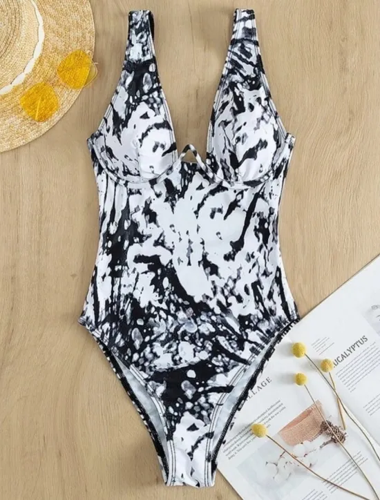 New Women's Swimwear One Piece Monokini Swimsuit Backless Tummy Control High Waist Slim Vacation Beach Wear Graphic V Neck Sleeveless Bathing Suits Women One-Pieces