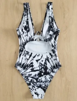 New Women's Swimwear One Piece Monokini Swimsuit Backless Tummy Control High Waist Slim Vacation Beach Wear Graphic V Neck Sleeveless Bathing Suits Women One-Pieces