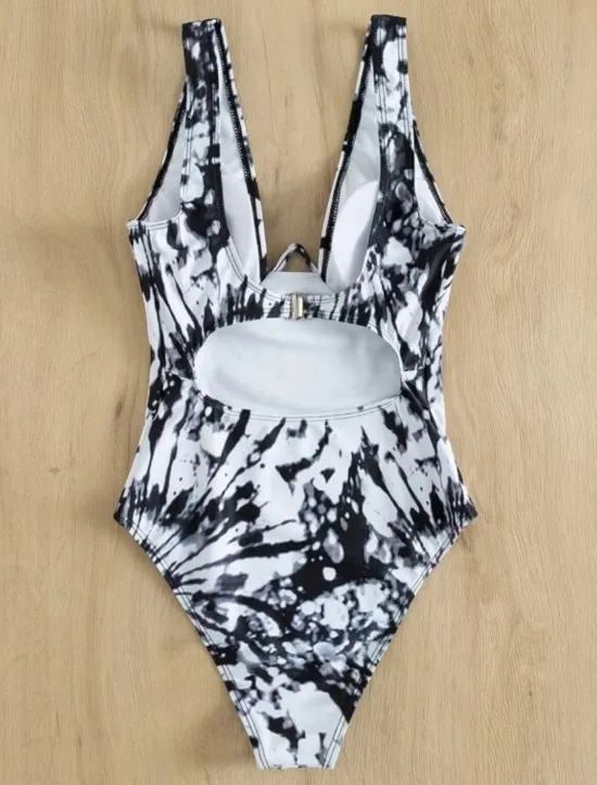 New Women's Swimwear One Piece Monokini Swimsuit Backless Tummy Control High Waist Slim Vacation Beach Wear Graphic V Neck Sleeveless Bathing Suits Women One-Pieces