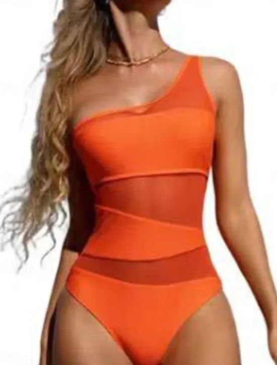 Women's Swimwear One Piece Swimsuit Backless Tummy Control High Waist Slim Vacation Beach Wear Solid Color Asymmetric Neck Sleeveless Bathing Suits Women One-Pieces
