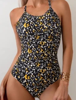 New Women's Swimwear One Piece Swimsuit Backless Tummy Control High Waist Slim Vacation Beach Wear Graphic Halter Neck Sleeveless Bathing Suits Women One-Pieces