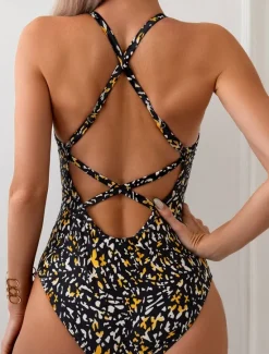 New Women's Swimwear One Piece Swimsuit Backless Tummy Control High Waist Slim Vacation Beach Wear Graphic Halter Neck Sleeveless Bathing Suits Women One-Pieces