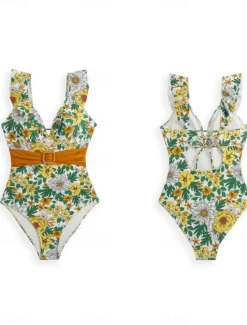 Discount Women's Swimwear One Piece Swimsuit Backless Patchwork Tropical Cute Floral Graphic V Neck Sleeveless Bathing Suits Women One-Pieces