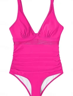 New Women's Swimwear One Piece Monokini Swimsuit Mesh Backless Tummy Control High Waist Slim Vacation Beach Wear Solid Color Halter Neck Sleeveless Bathing Suits Women One-Pieces