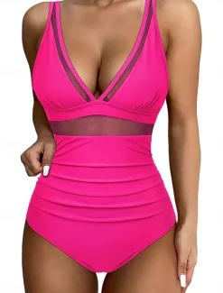 New Women's Swimwear One Piece Monokini Swimsuit Mesh Backless Tummy Control High Waist Slim Vacation Beach Wear Solid Color Halter Neck Sleeveless Bathing Suits Women One-Pieces