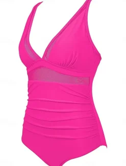 New Women's Swimwear One Piece Monokini Swimsuit Mesh Backless Tummy Control High Waist Slim Vacation Beach Wear Solid Color Halter Neck Sleeveless Bathing Suits Women One-Pieces