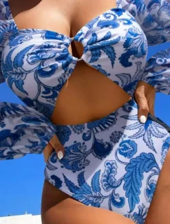 Outlet Women's Swimwear One Piece Monokini Swimsuit Backless Tummy Control High Waist Slim Vacation Beach Wear Floral V Neck Long Sleeve Bathing Suits Women One-Pieces