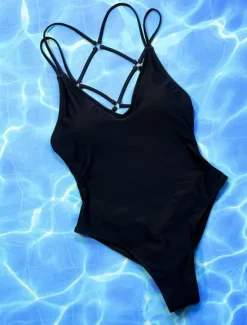 Online Women's Swimwear One Piece Monokini Swimsuit Backless Tummy Control High Waist Slim Vacation Beach Wear Solid Color V Neck Sleeveless Bathing Suits Women One-Pieces
