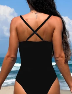 Online Women's Swimwear One Piece Monokini Swimsuit Backless Tummy Control High Waist Slim Vacation Beach Wear Leaves V Neck Sleeveless Bathing Suits Women One-Pieces